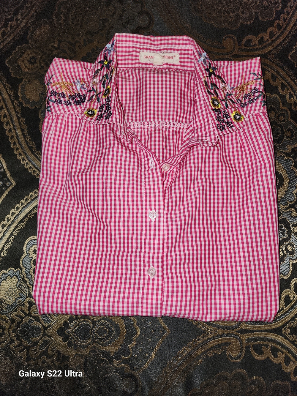 Grand & Greene Pink Gingham Button-Up Embroidered Women's Top